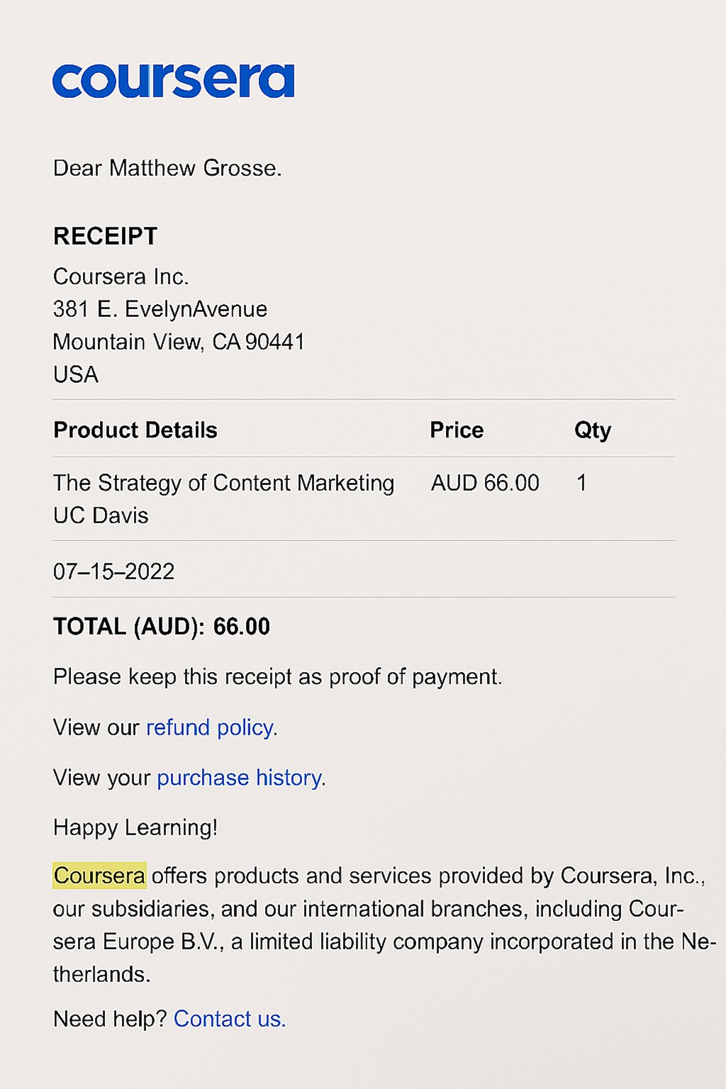 Coursera receipt