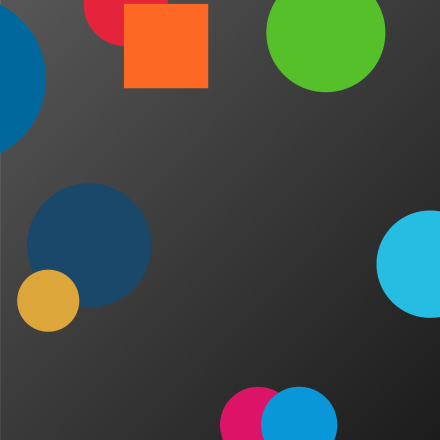 Colourful circles and a square on a dark gradient background.