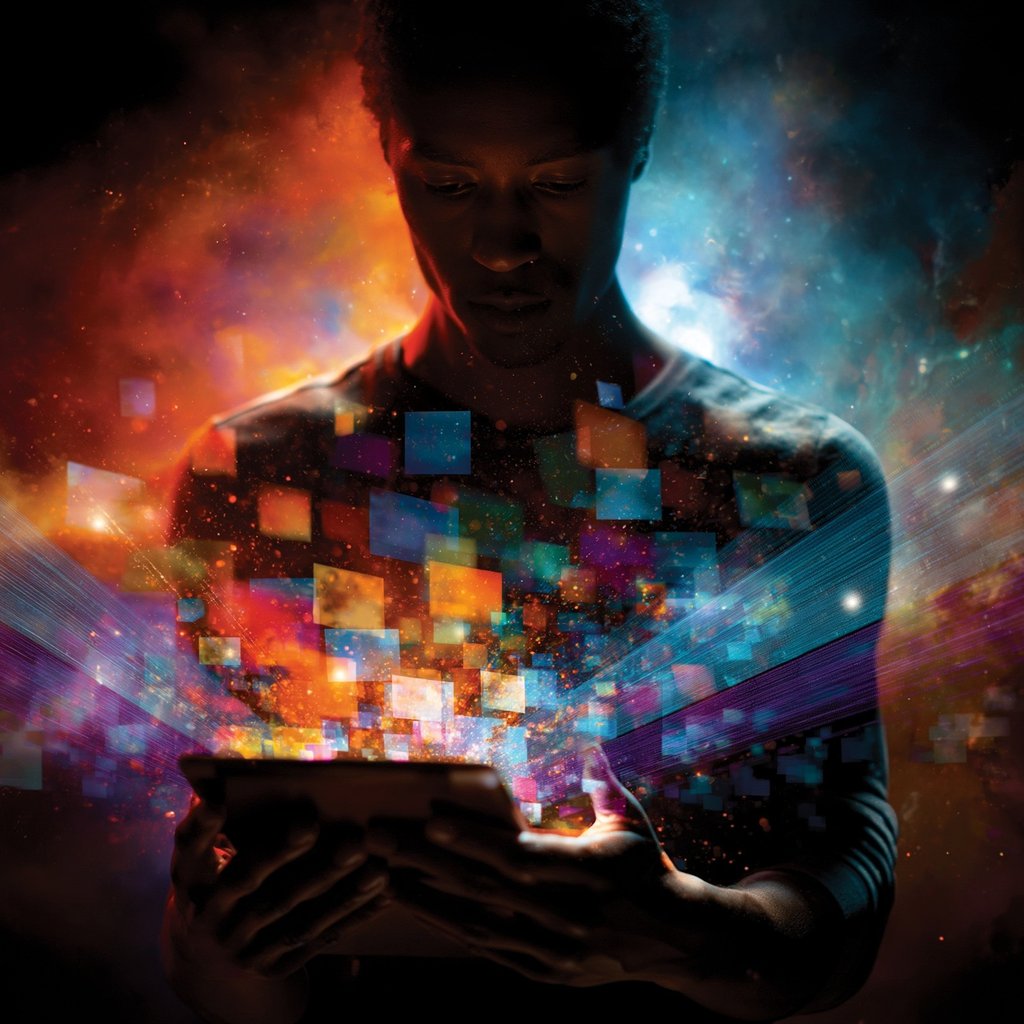 A figure silhouetted illuminated by cascading coloured light from a screen they hold
