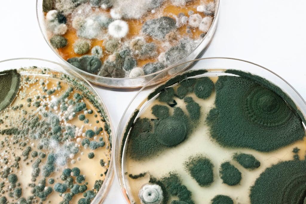 Petri dishes with mould on white surface. Picture by Grebcha/Adobe Stock