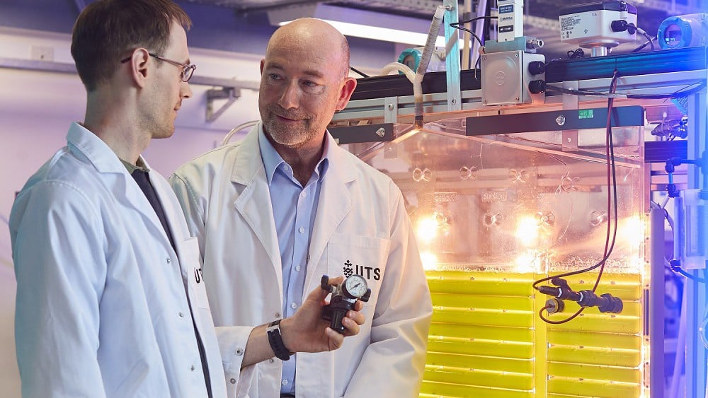 Peter Ralph and Chris Hall with algae bioreactor