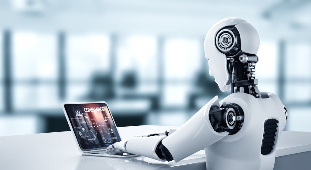 Graphic of a robot sitting at a laptop computer. Compliance system for modish online corporate business to meet quality standard. Picture by InfiniteFlow/Adobe Stock