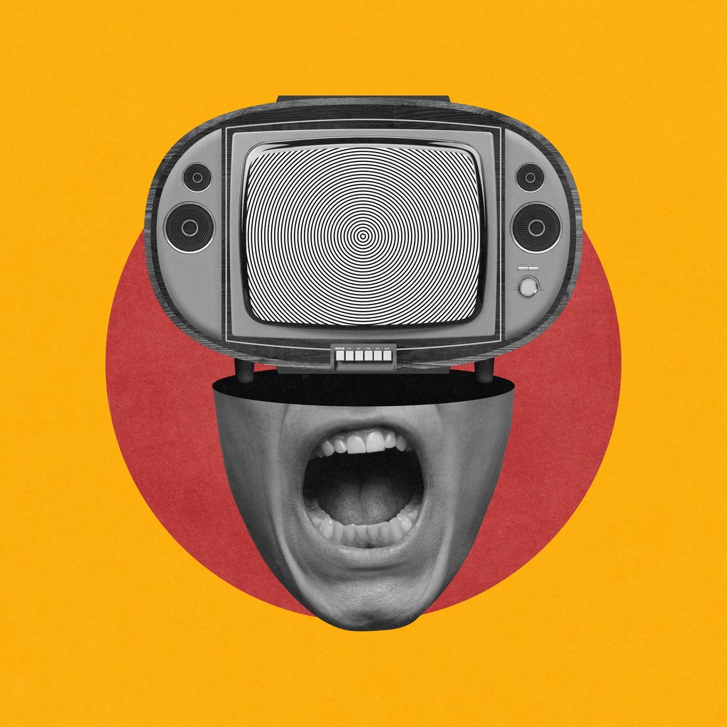 Collage of a face coming out of a speaker