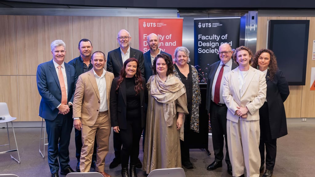 From left to right Steve Whan MP, Dr Dillon Kombumerri, First Nations Design Lead at Lendlease Jordan Eaton, UTS Chancellor Michael Rose AM, Professor Alison Page, Professor James Bennett, Professor Emily McDaniel, Aunty Joyce Timbery, UTS VC Professor Andrew Parfitt, Matte Ager-McConnell and UTS PVC Robynne Quiggin AO.