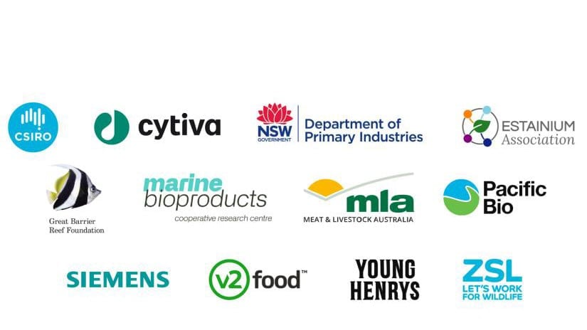 C3's partner logos: CSIRO, Cytiva, NSW Department of Primary Industries, Estainium Association, Great Barrier Reef Foundation, Marine Bioproducts Cooperative Research Centre, MLA Meat & Livestock Australia, Pacific Bio, Siemens, V2 Food, Young Henrys, ZSL Let's Wprk for Wildlife.