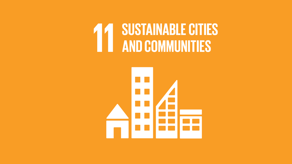 Orange background with white icons of buildings and text: "11 Sustainable Cities and Communities."