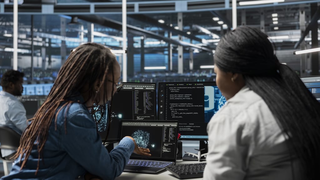 Two individuals collaborate in a modern office, analyzing data on multiple computer screens displaying code and graphs. The atmosphere is focused and tech-driven.