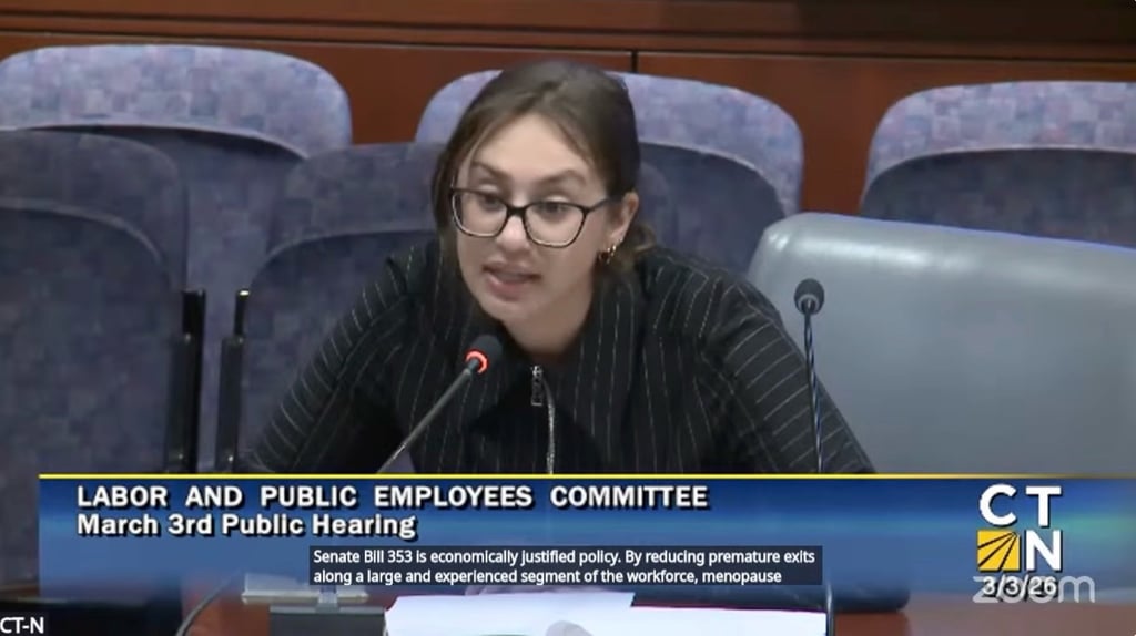 Jaya testifying before the Connecticut General Assembly, calling for better endometriosis and menopause support