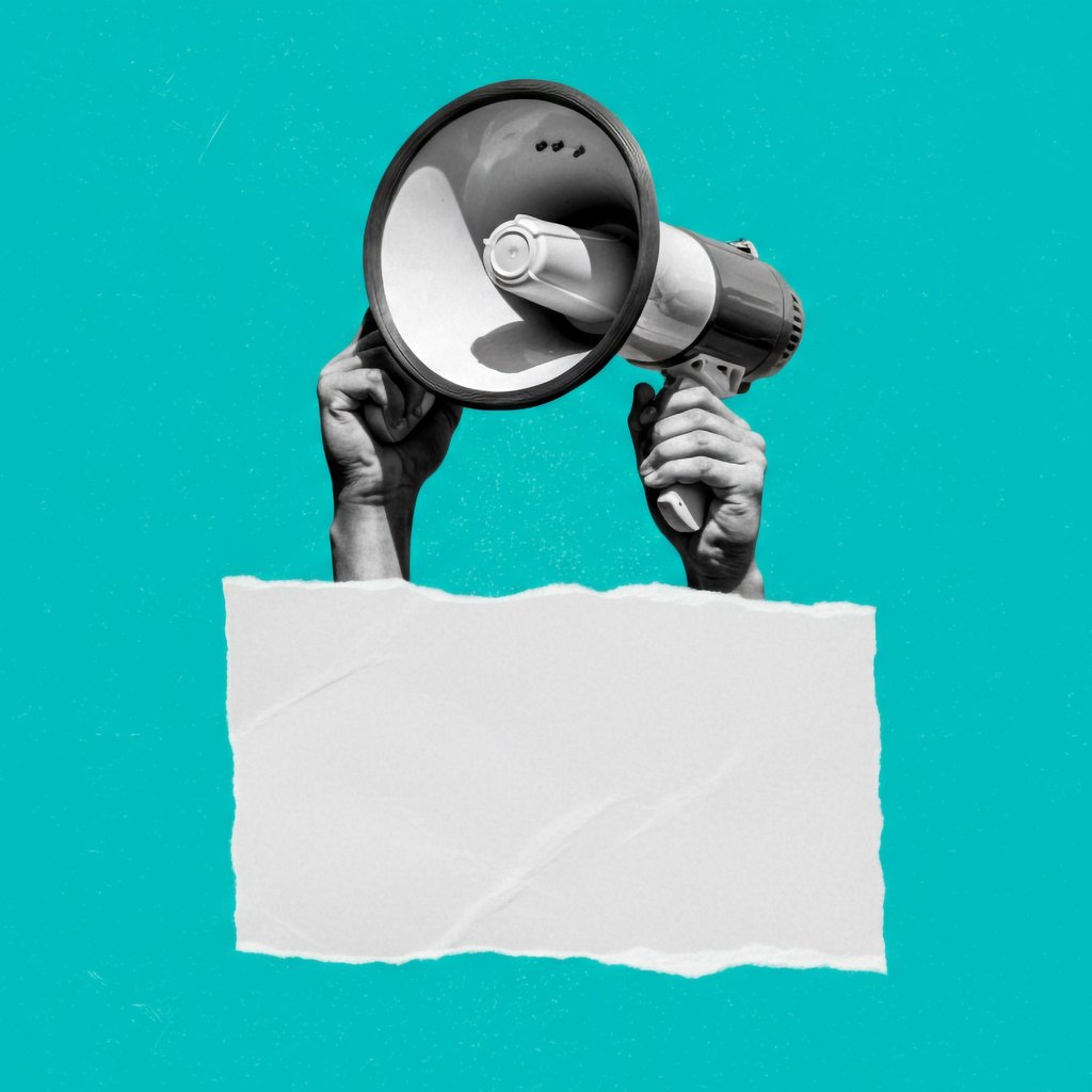 Art collage, a paper sign with cut out of hands holding a megaphone