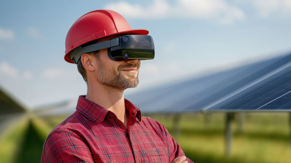 Man wearing virtual reality glasses and red hard hat standing in front of a solar panel field under a clear sky.