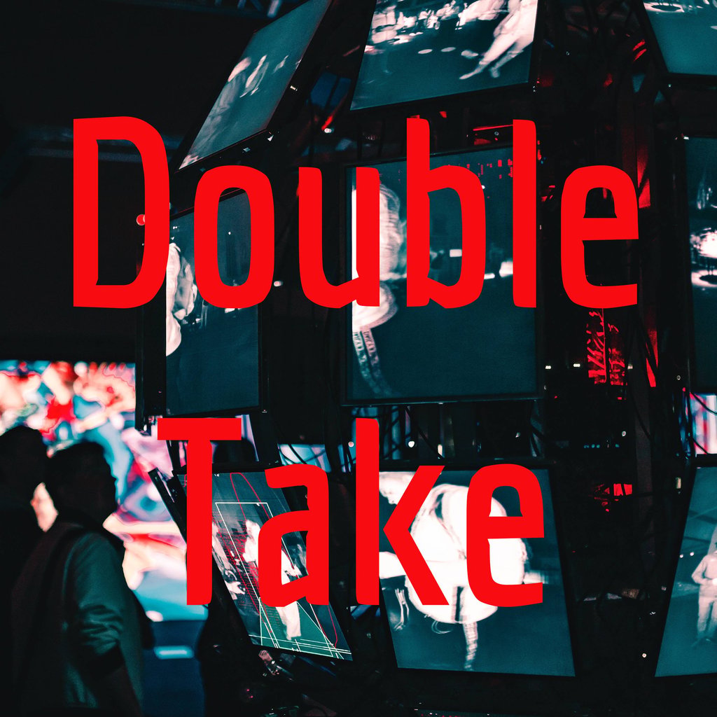 Logo for CMT's podcast series DoubleTake showing an interactive media backdrop of screens with the words DoubleTake emblazoned in the foreground