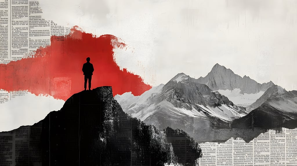 A silhouetted figure on a mountain range created from collage of newspaper and black, white, red hues