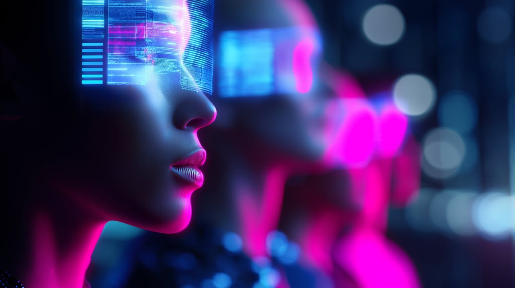 Futuristic scene with people wearing digital visors displaying data. Neon pink and blue lights create a high-tech, immersive atmosphere.