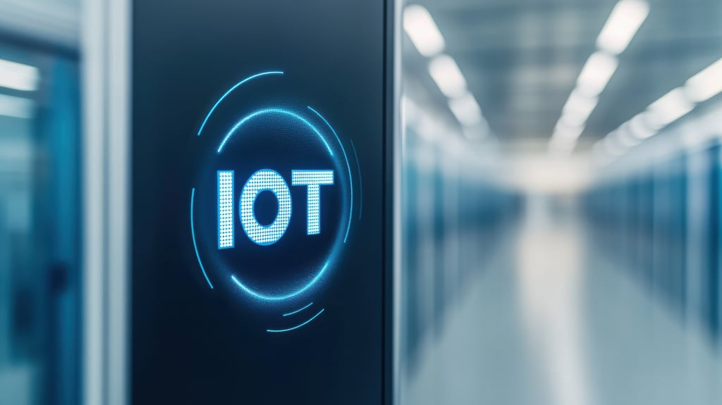 The text "IoT" or "Internet of Things," representing a network of interconnected devices and technology enabling seamless communication between devices and cloud systems.