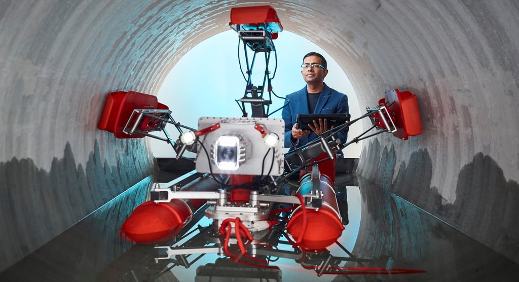 Prof Sarath Kodagoda operates a robot inside a pipe