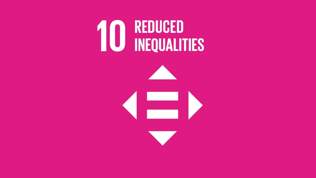 Bright pink background with white text "10 Reduced Inequalities" on the left. Below is an equal sign inside four outward-pointing arrows.