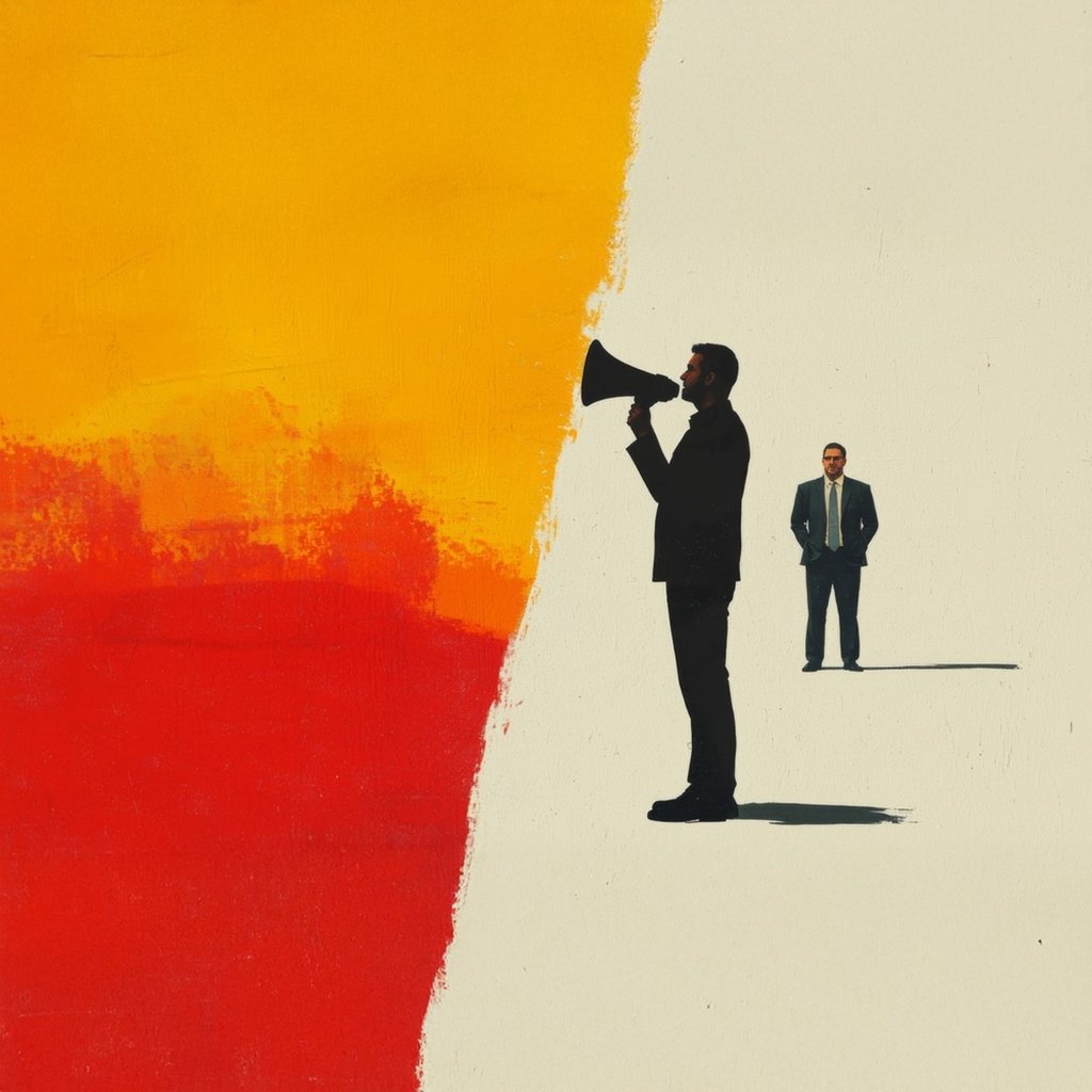 An illustration design of a man standing against a splash of yellow and red with a speakerphone to hand.
