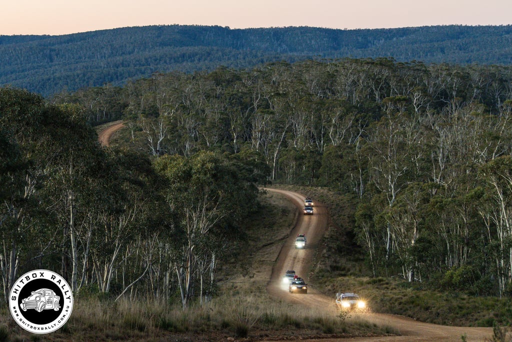 Nightfall as Shitbox Rally participants battle dirt roads on way to camp