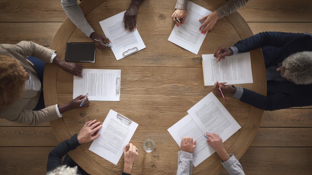 Aerial shot of people at a round table looking at documents.