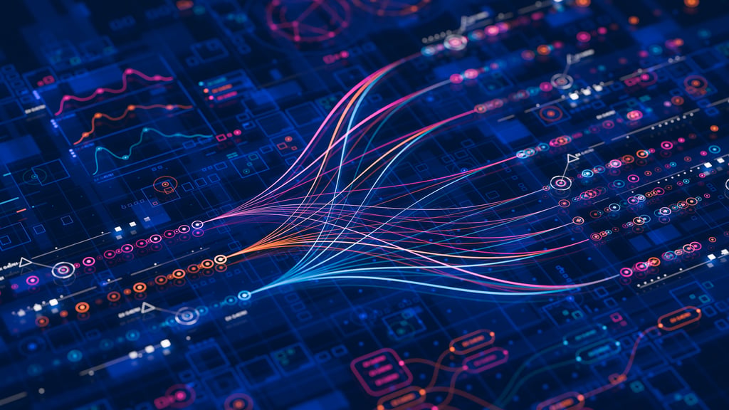 Futuristic digital abstract with vibrant, curved lines converging over a dark, complex grid of charts and data. Conveys technology and data flow.