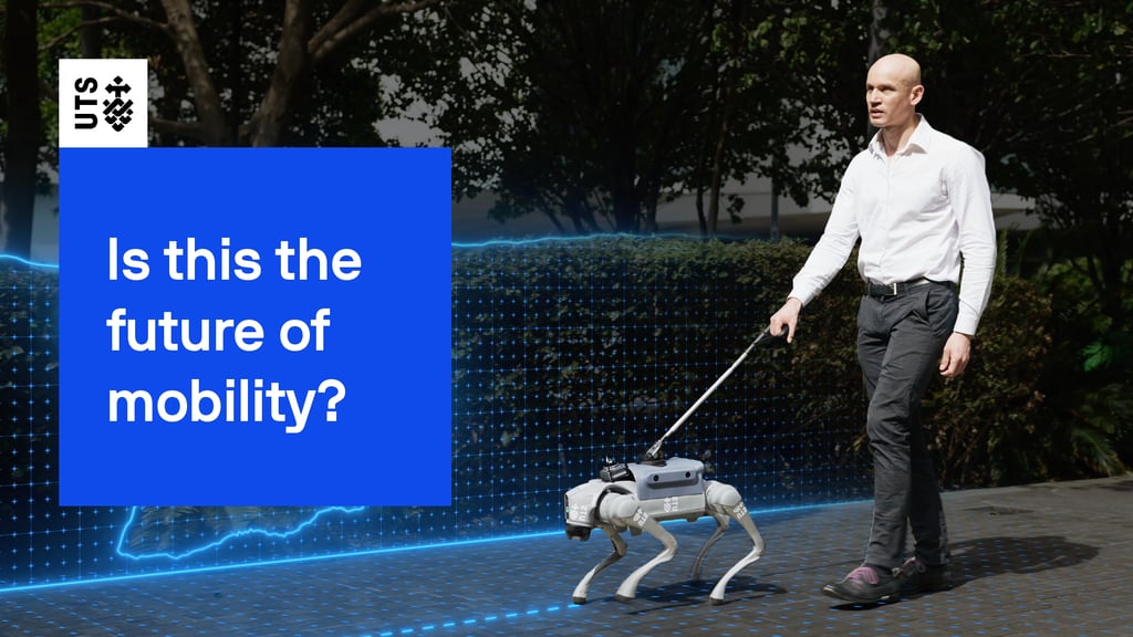 A man walks with a robotic guide. Text on the image reads: Is this the future of mobility?