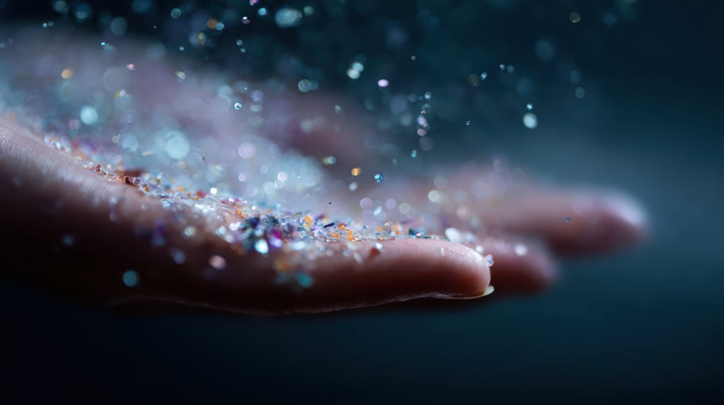 An outstretched hand with multi coloured tiny plastic particles falling across it.