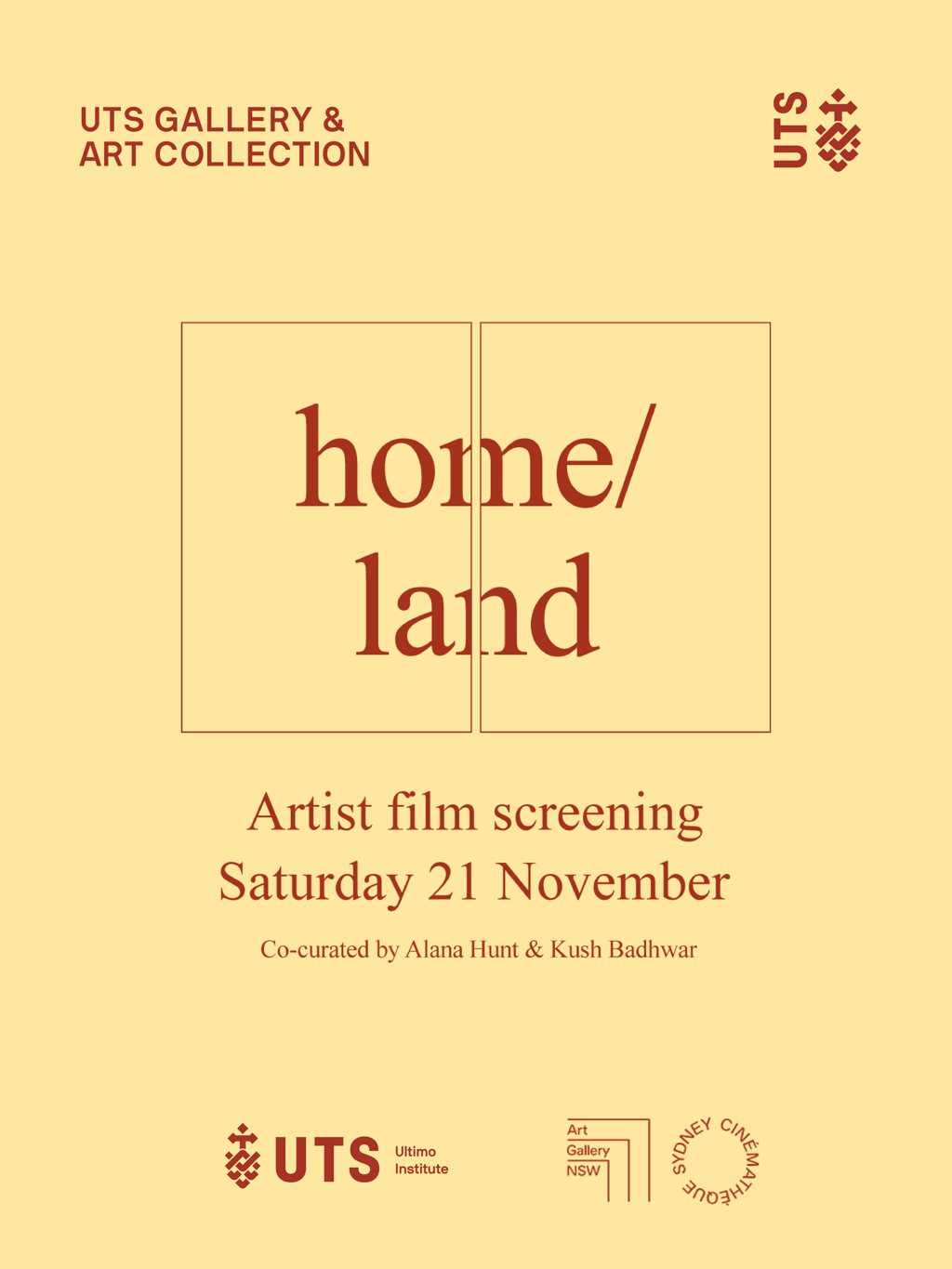 a poster for the artist film screening 'home/land'.