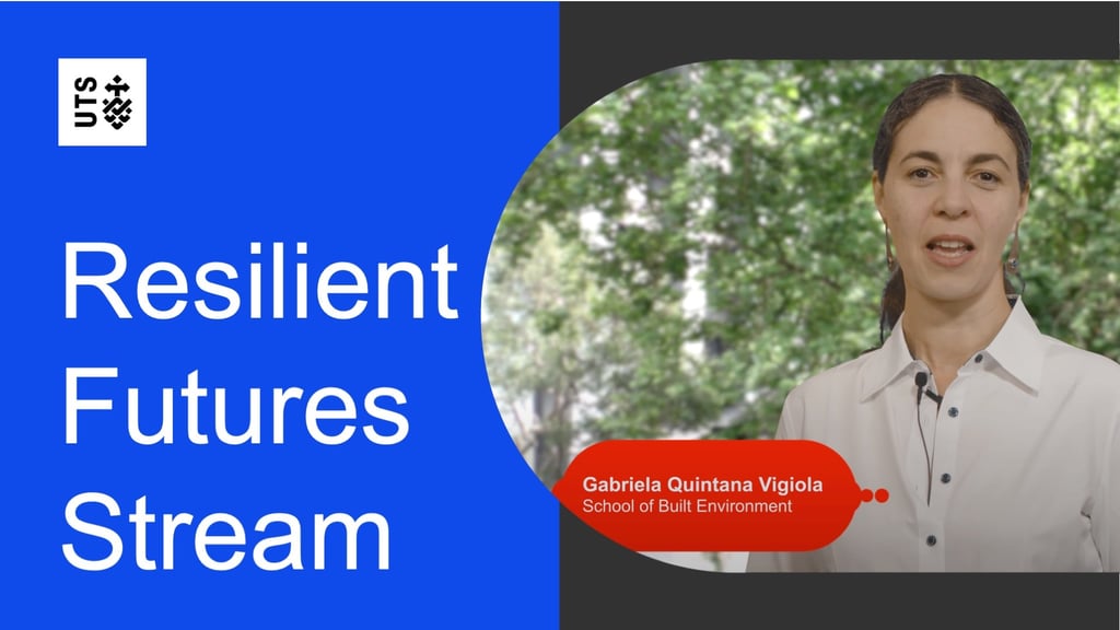 Split image with 'Resilient Futures Stream' in white on a blue background with UTS logo. On the right, a woman in a white shirt speaks, set against a blurred green outdoor background.