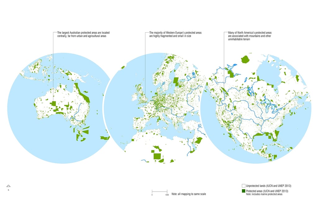 Infographic showing protected green areas in Australia, Europe, Scandinavia an North Africa and North America.