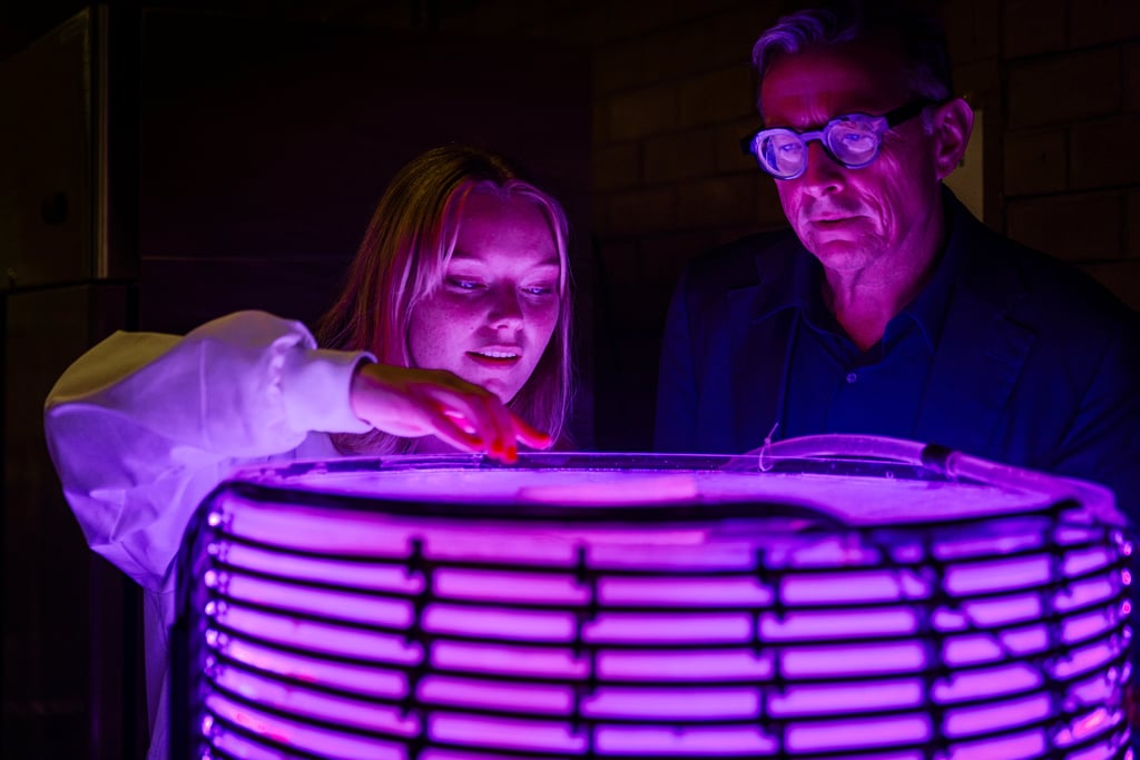 Photo of Algenie bioreactor with John Martin, Mathieu Pernice and Nick Hazell