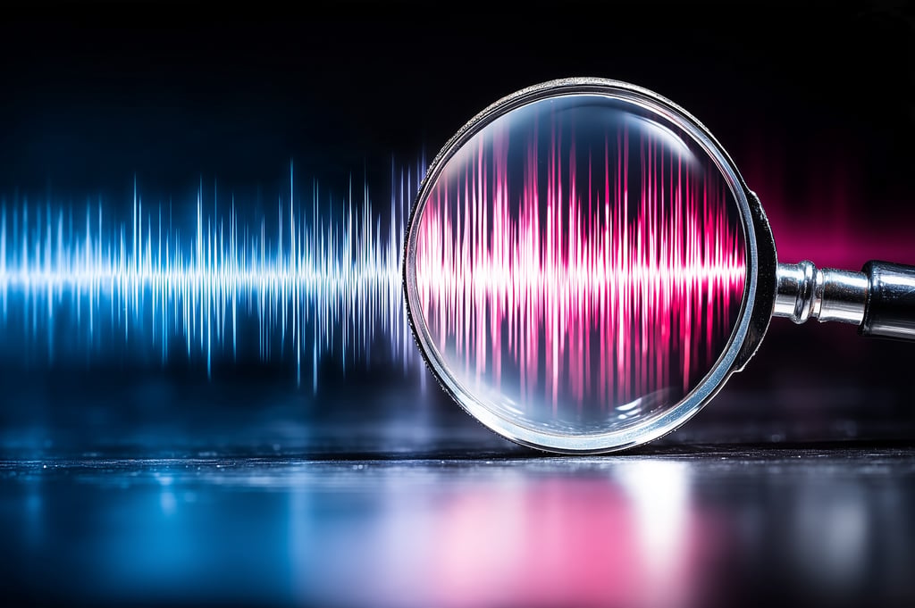 Magnifying glass hovering over a digital sound waveform.