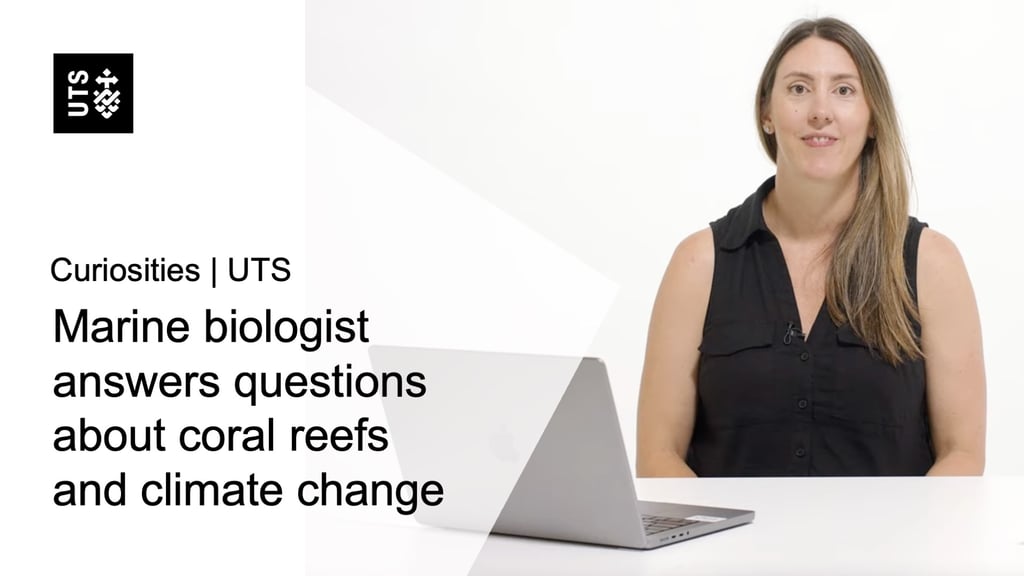 Dr Emma Camp, with a text overlay "Marine biologist answers questions about coral reefs and climate change"