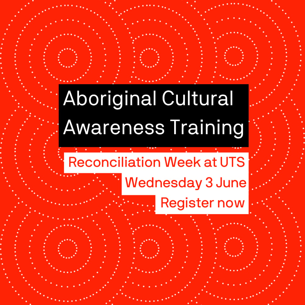 Red and white banner with dots - words Aboriginal Cultural Awareness Training