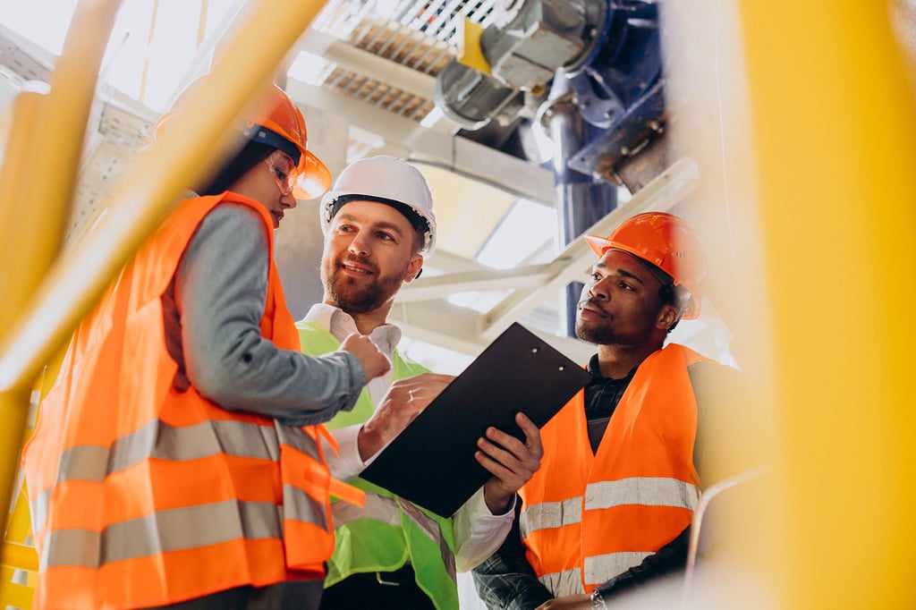 Three construction workers in safety vests and helmets discuss plans, looking at a clipboard. The setting suggests teamwork and focus on a construction site.