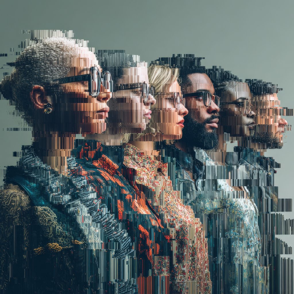 A pixelated image of a team in profile