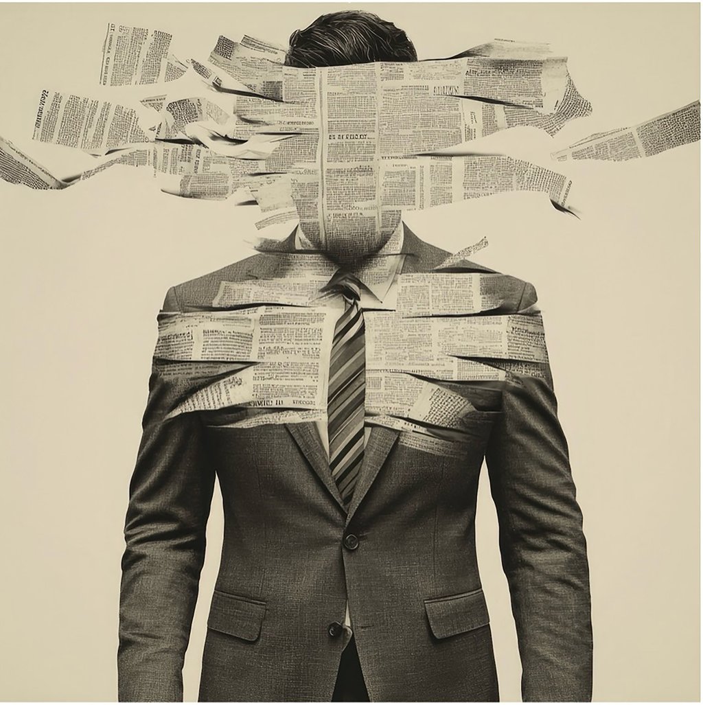 Surreal illustration of a suited torso with newspapers emanating and shrouding body and visage