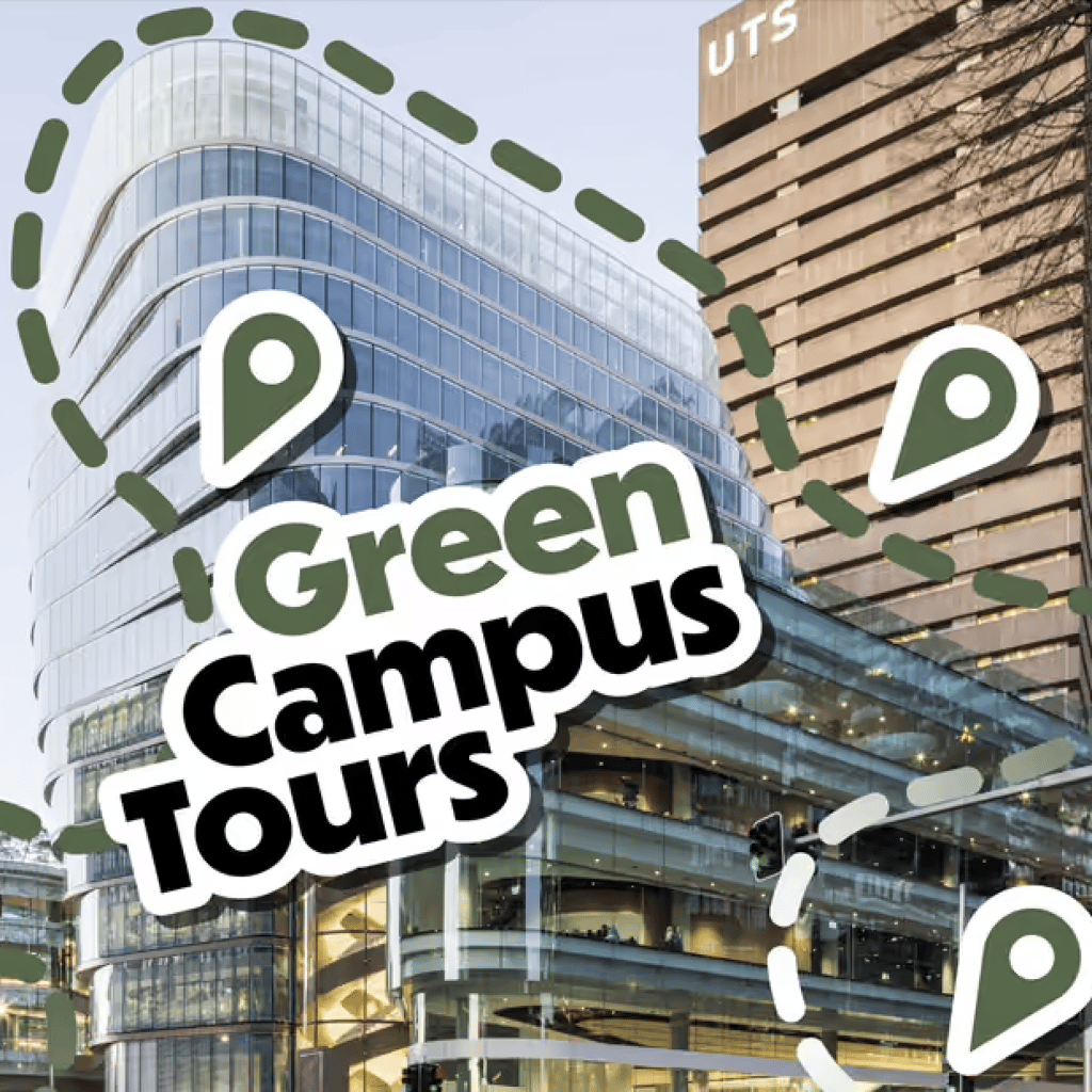 UTS Green Campus Tours graphic with campus buildings and a walking route.
