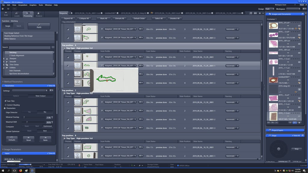 A complex software interface displays various file management tools and image processing controls.