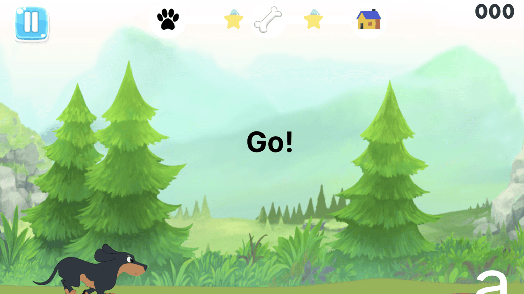 Cartoon landscape with pine trees and mountains. A black dog is ready to run on a dirt path. The word "Go!" is displayed, signaling a start. Indoor icons are at the top.