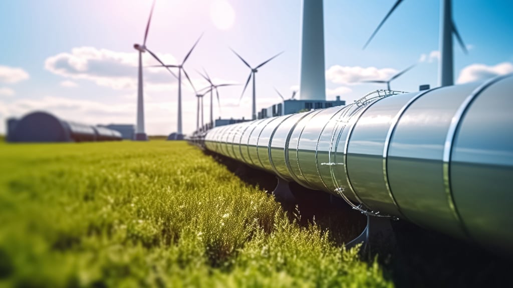 A hydrogen pipeline with wind turbines and in the background. Green hydrogen production concept.