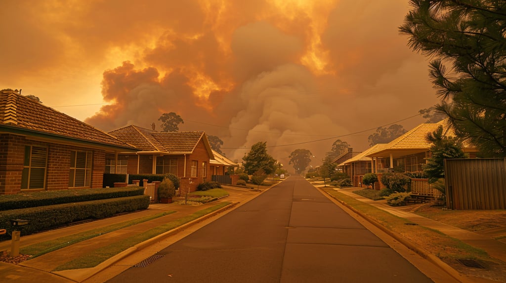 Bushfire smoke billowing into sky behind houses along main street of country town in the Hunter Valley, conveying a sense of danger and emergency.