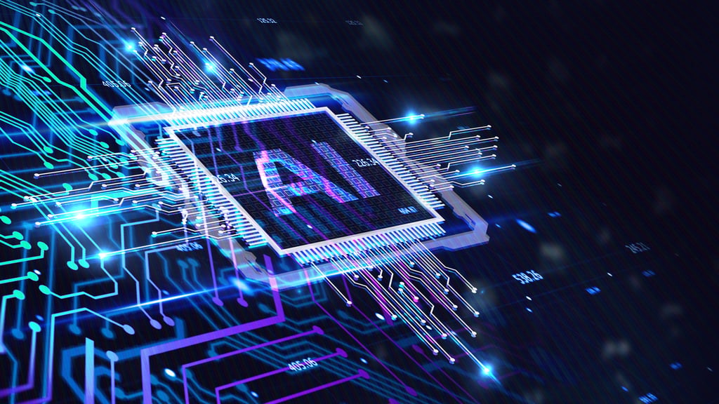 Abstract image of a glowing AI chip on a dark background with blue circuit lines radiating outward, conveying a futuristic and technological vibe.