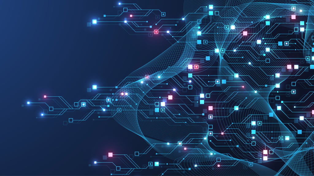 Digital circuit pattern on a dark blue background. Glowing neon lines and nodes form a complex network, conveying a high-tech and futuristic tone.