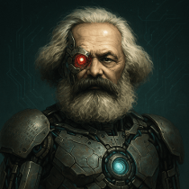 Elderly man with cybernetic armor, a red glowing eye, white hair, and a beard.