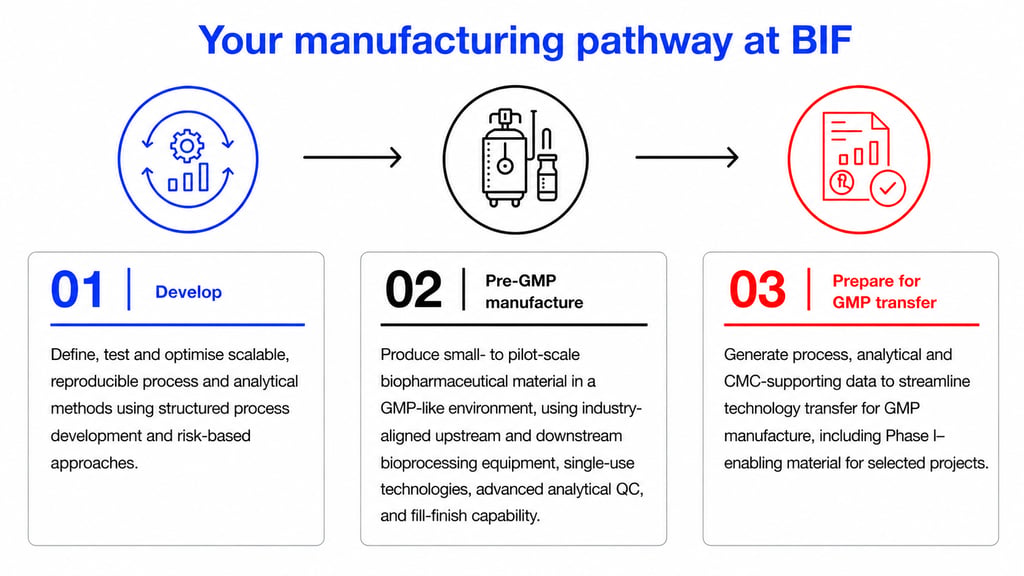 Your manufacturing pathway at BIF
1. Develop
Define, test and optimise scalable, reproducible process and analytical methods using structured process development and risk-based approaches.

2. Pre-GMP manufacture
Produce small- to pilot-scale biopharmaceutical material in a
GMP-like environment, using industry-aligned upstream and downstream bioprocessing equipment, single-use technologies, advanced analytical QC, and fill-finish capability.

3. Prepare for GMP transfer
Generate process, analytical and CMC-supporting data to streamline technology transfer for GMP manufacture, including Phase I-enabling material for selected projects.
