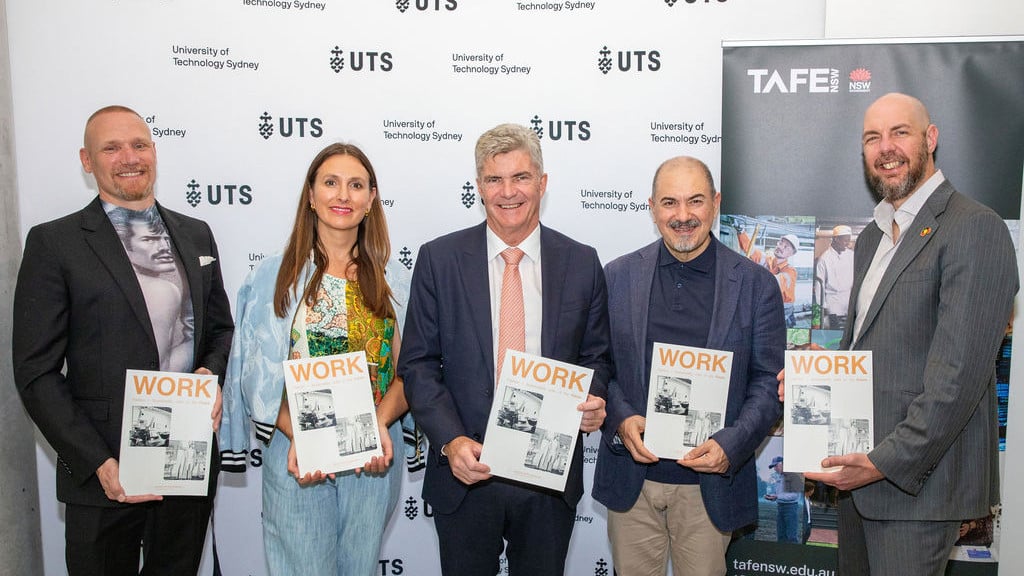 A/Prof Timo Rissanen UTS Fashion + Textiles, Dr Lisa Lake Director of the CoE in Sustainable Fashion + Textiles, Steve Whan Minister for Skills, TAFE and Tertiary Education, Dr Raf Marcellino, TAFE NSW Executive Director, Learning and Teaching, Professor James Bennett Dean of UTS Faculty of Design and Society. ©Photo by Fancy Boy Photography