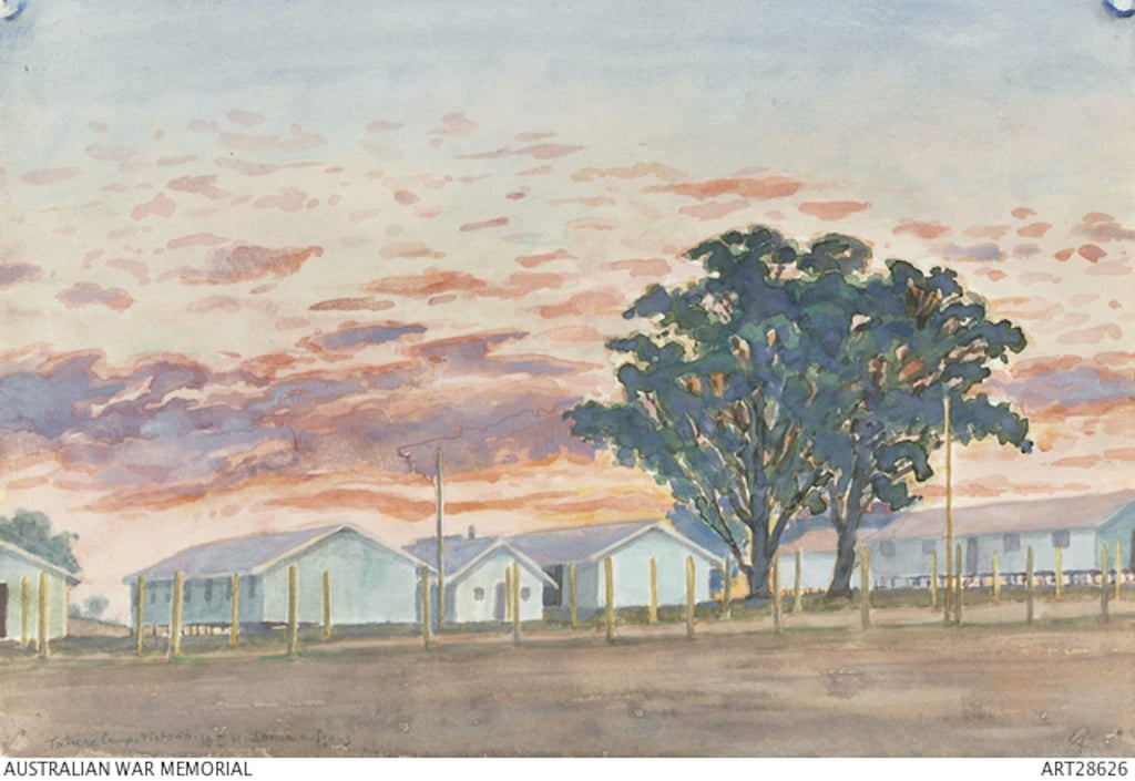 A watercolour painting made by Leonhard Adam in 1941 at Tatura. Australian War Memorial, CC BY
