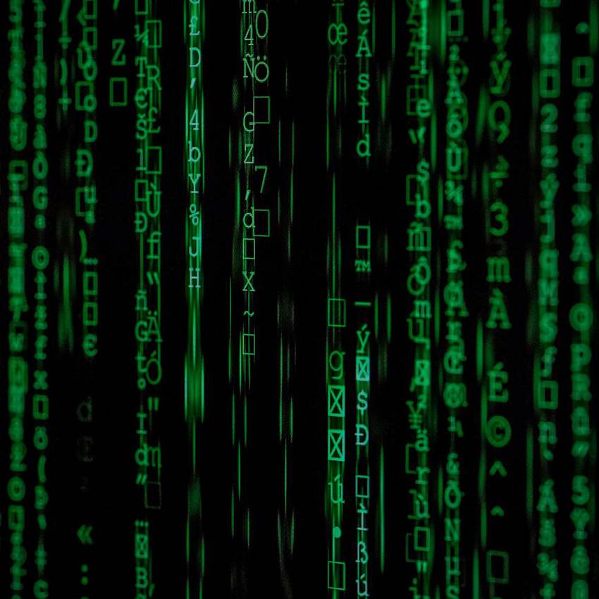 A digital background featuring cascading green matrix code characters on a black screen.