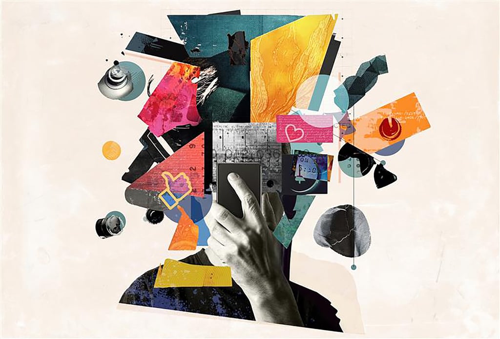 A collage illustration of a person holding a phone to their face.