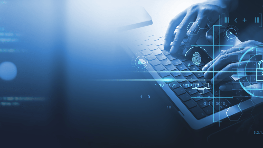Hands on a keyboard, with floating AI, data and thumbprints